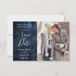 Save The Date Eau gouache bleu marine paillettes dorées photo pe