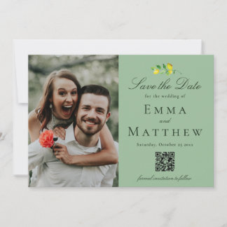 Save The Date Eau Minérale Vert Foncé Aquarelle Citron - QR & Ph