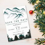 Save The Date Eau verte forêts montagnes enregistrer la date<br><div class="desc">Envoyez votre date avec cette eau verte moderne montagnes et pins forêt bois mariage avec la gamme de montagnes peintes à la main avec la typographie moderne et simple.</div>
