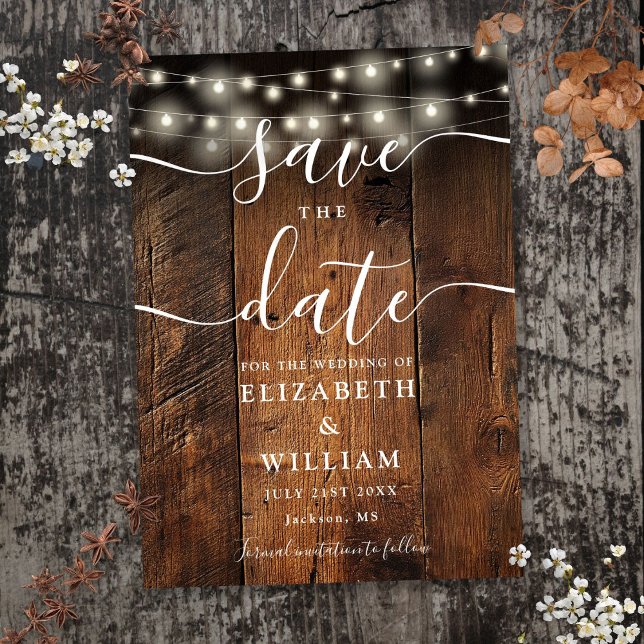Save The Date Éclairage à cordes Mariage Boho de grange rustique (String Lights Rustic Wood Barn Boho Wedding Save The Date)