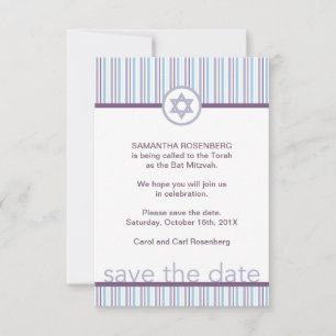 Save The Date Économies de bat mitzvah de rayures de pourpre la