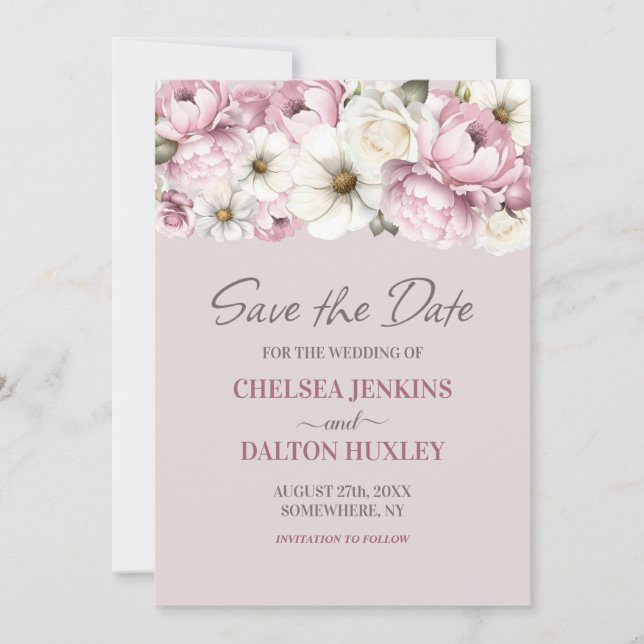 Save The Date Économisez la date de mariage floral blanc rose  (Devant)