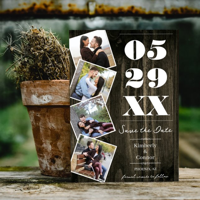 Save The Date Économisez la date de quatre photos gras rustique  (Natural Rustic Bold Four Photo Save the Date)