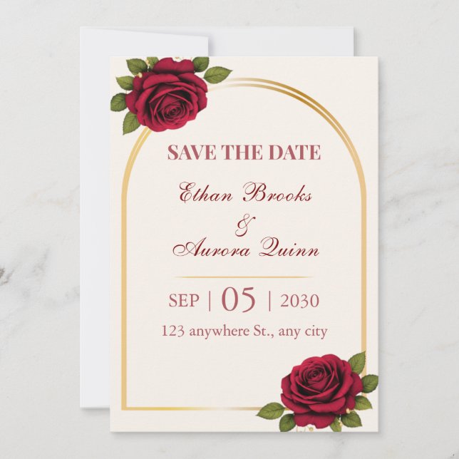 Save The Date Économisez la date Fleurs de luxe Bourgogne & Or (Devant)