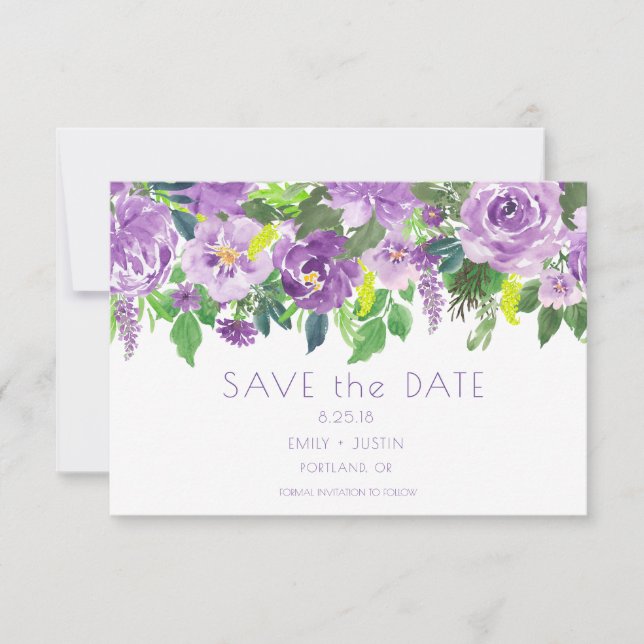 Save The Date Économisez la date florale aquarelle verte et viol (Devant)