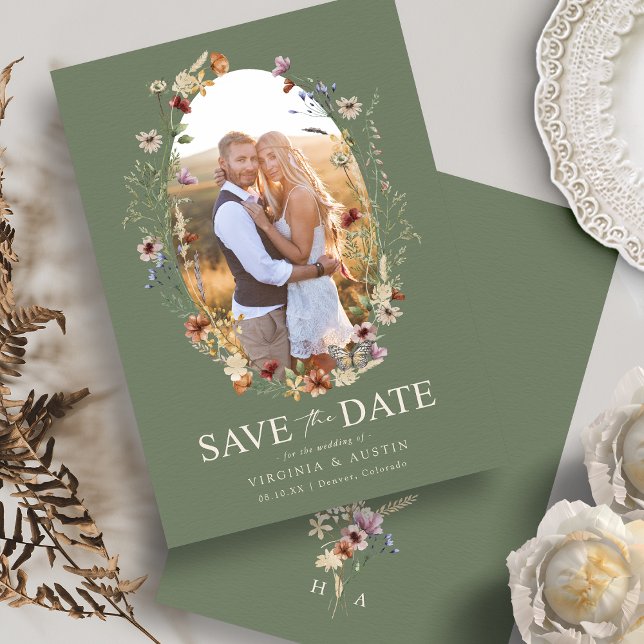 Save The Date Économisez la date florale boho verte (Watercolor Sage Green Boho Floral Save The Date Monogram by Painted Paperie
)