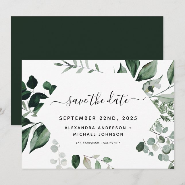 Save The Date Économisez pour le mariage à l'aquarelle de verdur (Devant / Derrière)