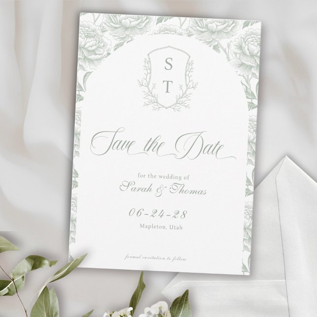 Save The Date Écran vert du monogramme de crête (Crest Save The Date Formal Card sage green)