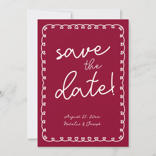 Save The Date Écrit à la main Bourgogne Rétro Funky Mariage mode (Devant)