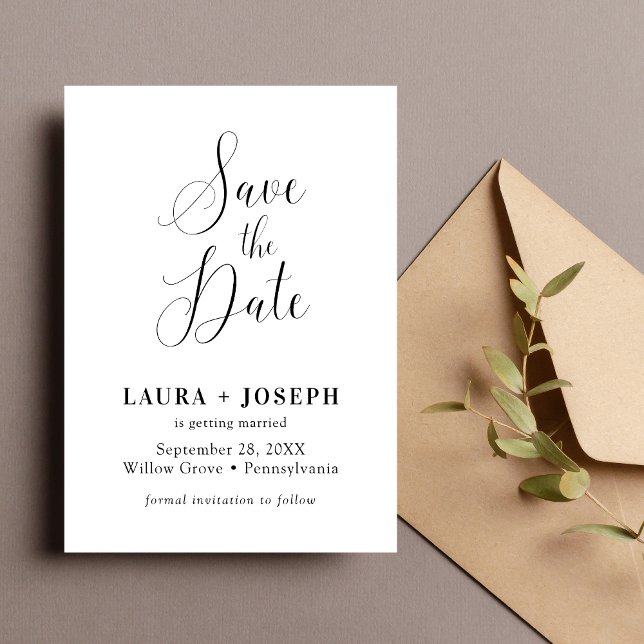 Save The Date Écriture calligraphique minimaliste blanche person (Personalized white minimalist calligraphy script save the date sets a romantic tone for your wedding)