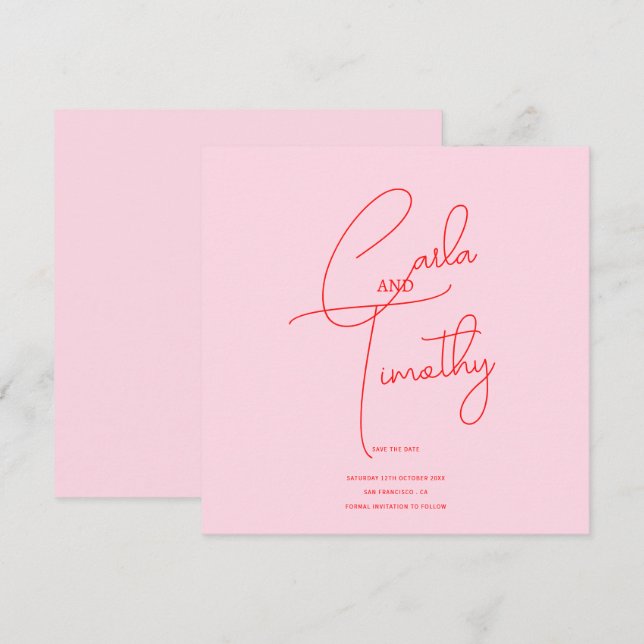 Save The Date Écriture Calligraphique Moderne Rouge Rose Mariage (Devant / Derrière)
