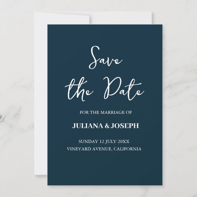 Save The Date Écriture Casual Bleu Marine Typographie Mariage (Devant)