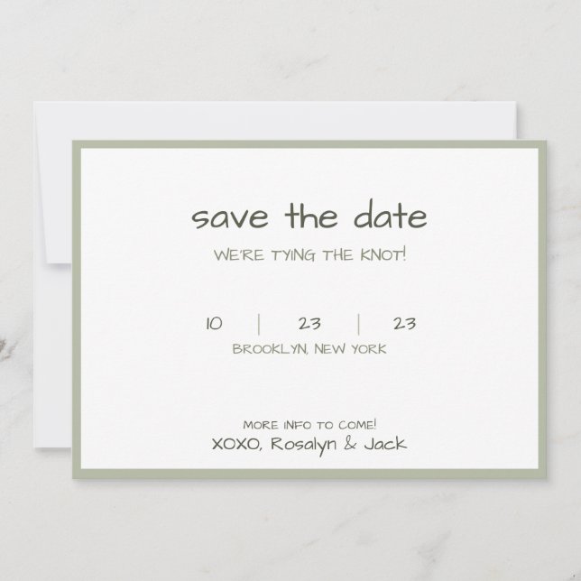 Save The Date Écriture Décontractée Vert Dusteux Liant Le Noeud (Devant)