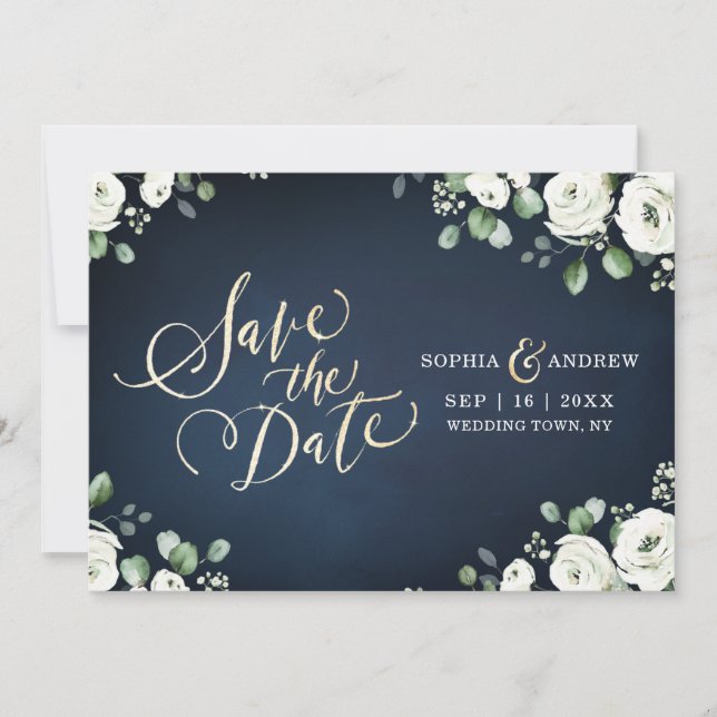 Save The Date Écriture dorée, fleurs blanches sur fond bleu mari (Devant)