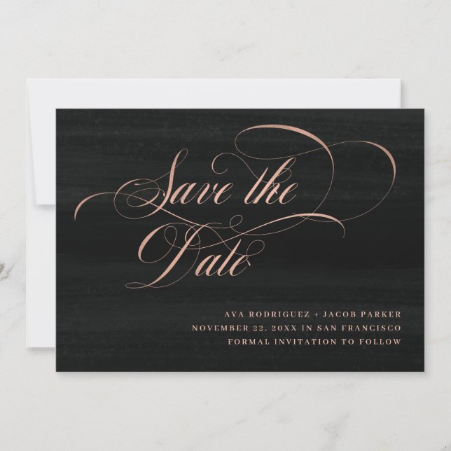 Save The Date Écriture Élégante | Faux or rose et noir (Devant)