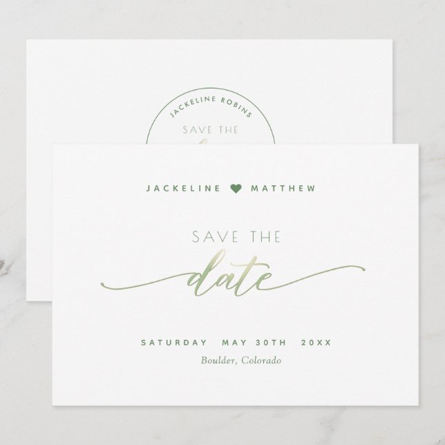 Save The Date Écriture Élégante, Vert, Mariage Simple (Devant / Derrière)