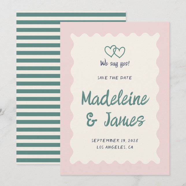 Save The Date Écriture manuscrite Pastel Pink Green Retro Mariag (Devant / Derrière)