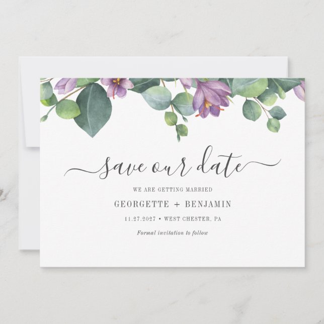 Save The Date Écriture moderne de verdure d'eucalyptus (Devant)