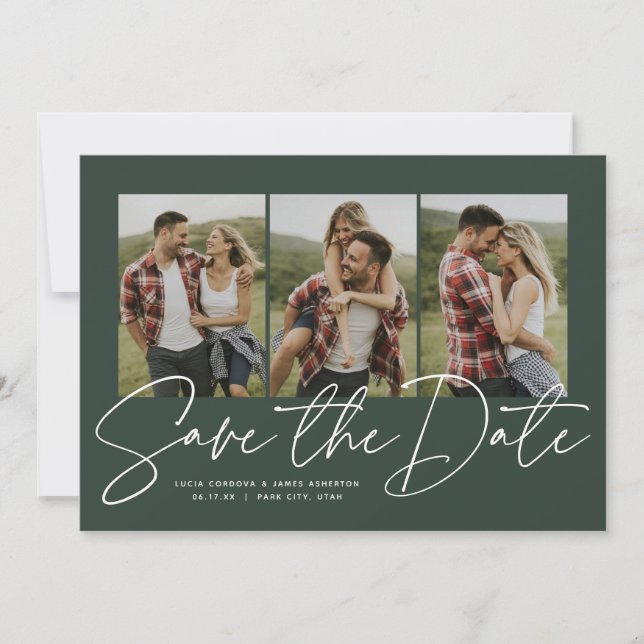 Save The Date Écriture moderne tendance trois photo vert chasseu (Devant)