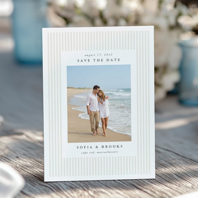 Save The Date Ecru | Photo de mariage classique à rayures fines (Créateur téléchargé)