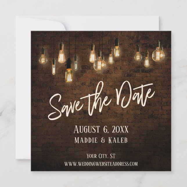 Save The Date Edison Lights & Industrial Brown Brick Wall (Devant)