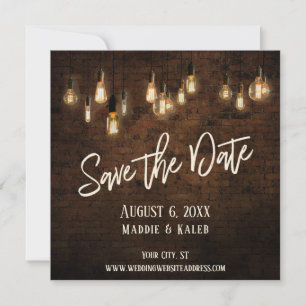 Save The Date Edison Lights & Industrial Brown Brick Wall