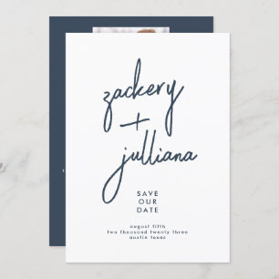 Save The Date Editable Style Photo Personnalisé Marine Bleu Blan