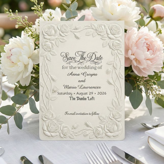 Save The Date Effet de relief en 3D de fleurs en creme faux embo (Créateur téléchargé)