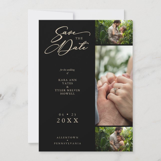 Save The Date Effet doré noir fantaisie Collage 3 Photos Couple (Devant)