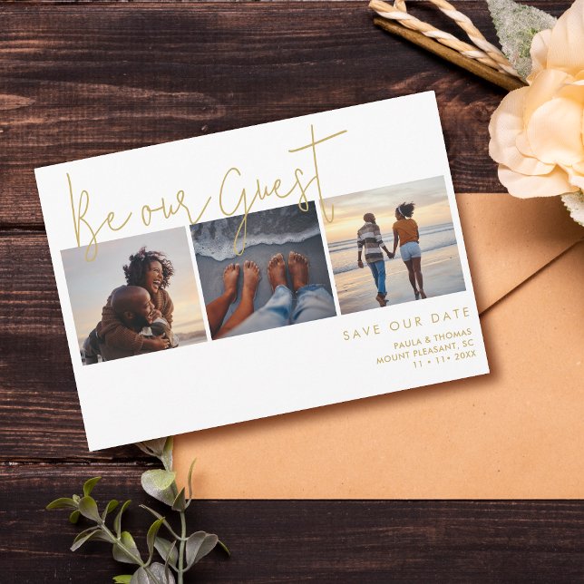 Save The Date Effet minimum Élégant Fake Gold Effet 3 Photos Mar (Minimal Elegant Fake Gold Effect 3 Photos Wedding Save the Dates Cards with Envelope.)