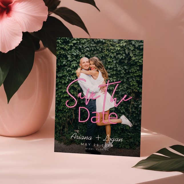 Save The Date Electric Love Neon Rose Heart & Photo Typographiqu (Electric Love Neon Pink Heart & Typographic Photo Save The Date)