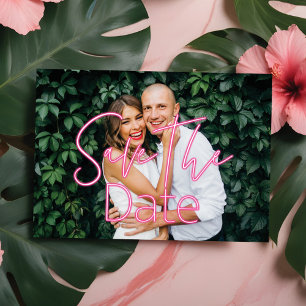Save The Date Electric Love Neon Rose Heart & Photo Typographiqu