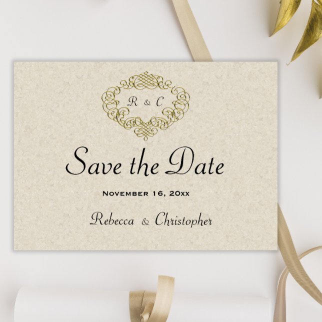 Save The Date Elégance Beige Mariage Gold Crest (Créateur téléchargé)