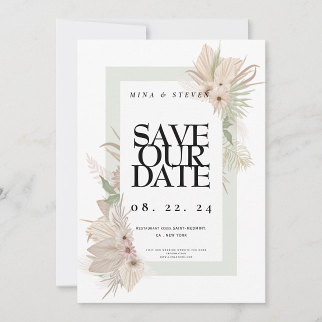 Save The Date Élégance bohème verdure florale mariage  (Devant)