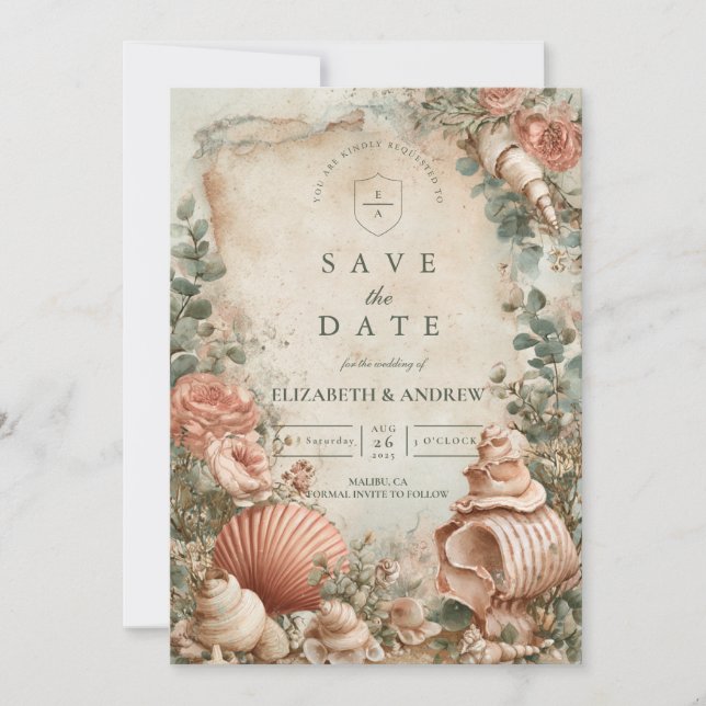 Save The Date Élégance botanique des coquillages côtiers (Devant)