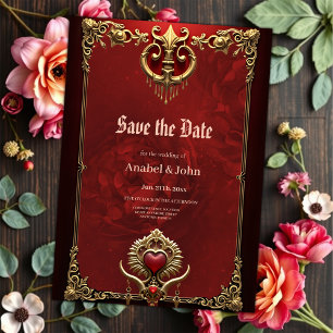 Save The Date Élégance en lustre rouge avec un coeur orné.