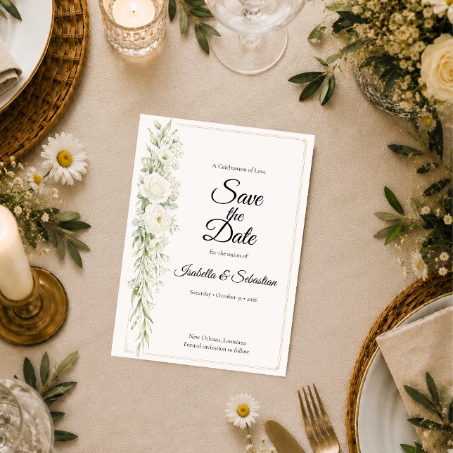 Save The Date Élégance Florale d'Ivoire Intemporelle de Mariage (Créateur téléchargé)