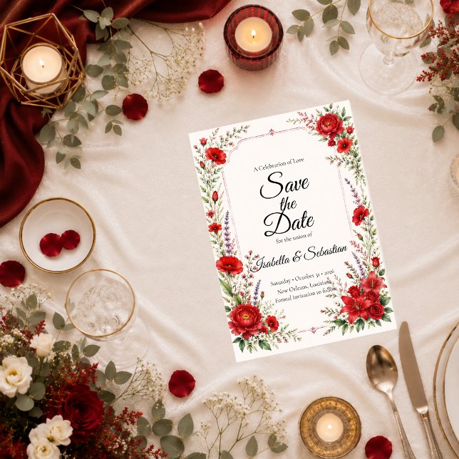 Save The Date Élégance florale écarlate romantique de mariage (Créateur téléchargé)