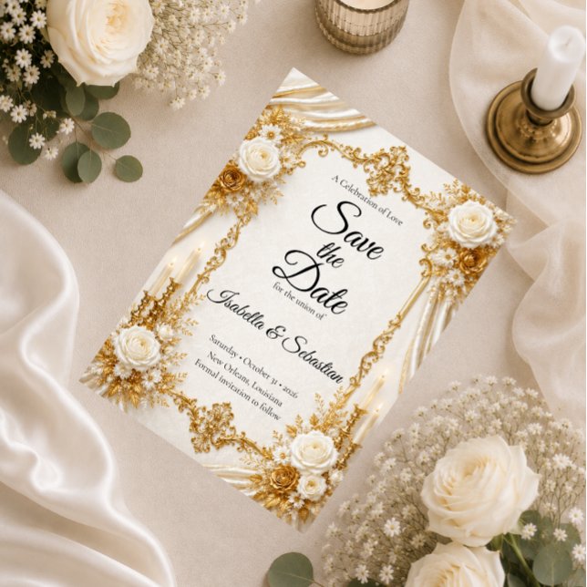 Save The Date Élégance Mariage Ivoire Doré Intemporel (Créateur téléchargé)