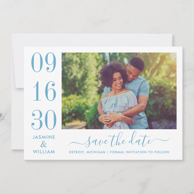 Save The Date Elégance moderne Dusty Blue Mariage photo (Devant)