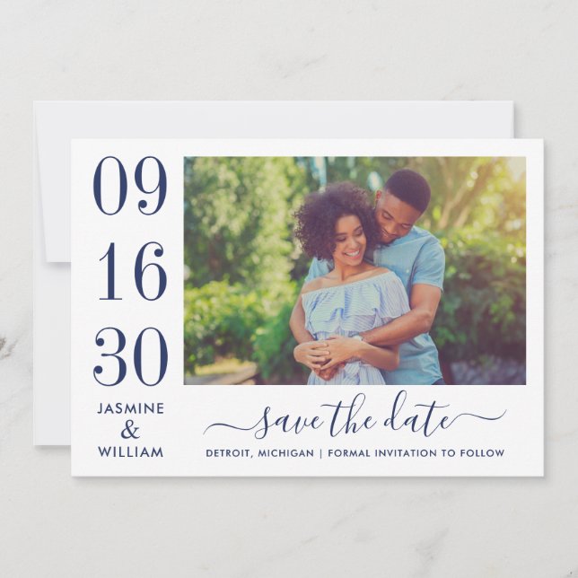 Save The Date Elegance moderne photo Mariage bleu marine (Devant)