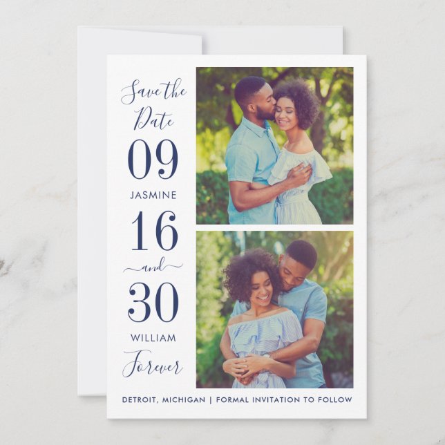 Save The Date Elegance moderne photo Mariage bleu marine (Devant)