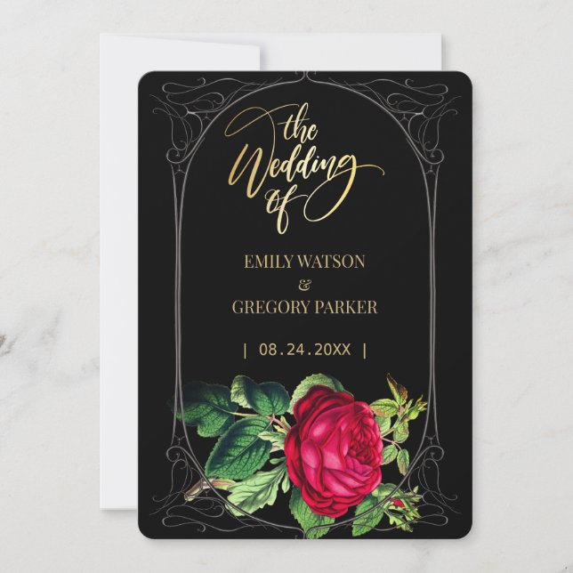 Save The Date Élégance noire et or pure , roses rouges (Devant)