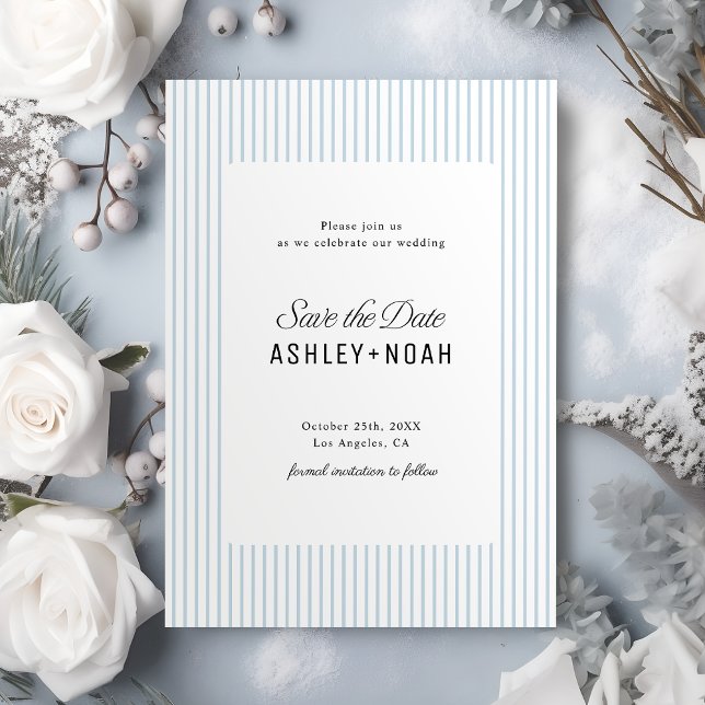 Save The Date Élégance rayée de bleu poussiéreux Mariage classe (Dusty Blue Striped Elegance Classy Wedding Save The Date)