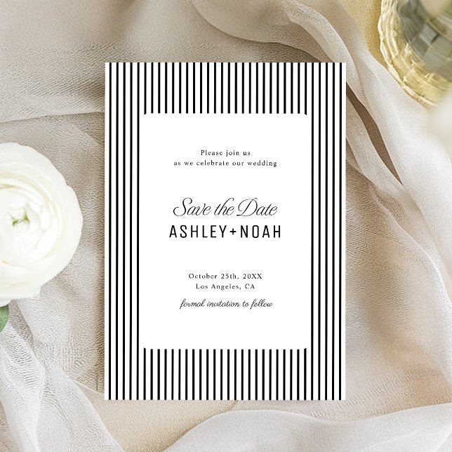 Save The Date Élégance rayée noir et blanc Mariage classe (Black And White Striped Elegance Classy Wedding Save The Date)