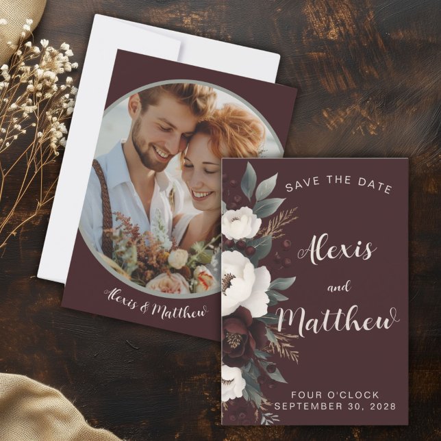 Save The Date Elégance Rustique Bourgogne Floral Enregistrer La  (Rustic Wedding Burgundy Winter Save The Date)