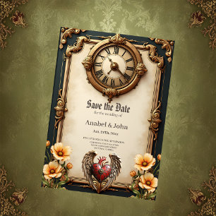 Save The Date Elégance vintage : une horloge et un coeur élégant