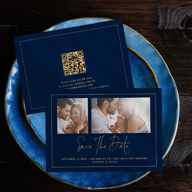 Save The Date Elégant 2 Photos Gold Marine Mariage bleu (Créateur téléchargé)