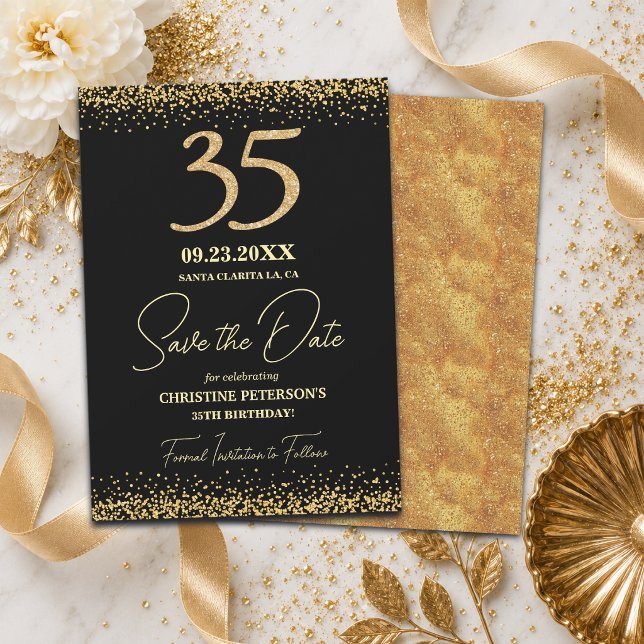 Save The Date Elégant 35e Anniversaire Noir Paillettes Dorées (Créateur téléchargé)