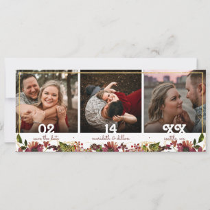 Save The Date Élégant 3 Photo Bordeaux Or Floral Aquarelle